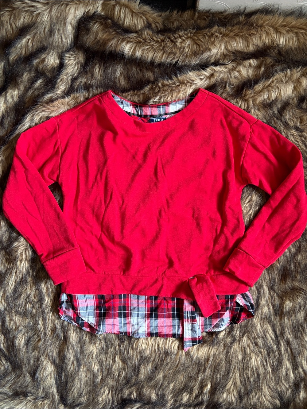 IZOD Women's Red Long Sleeve 2-Fer Sweatshirt w/ Plaid Flannel Size Small